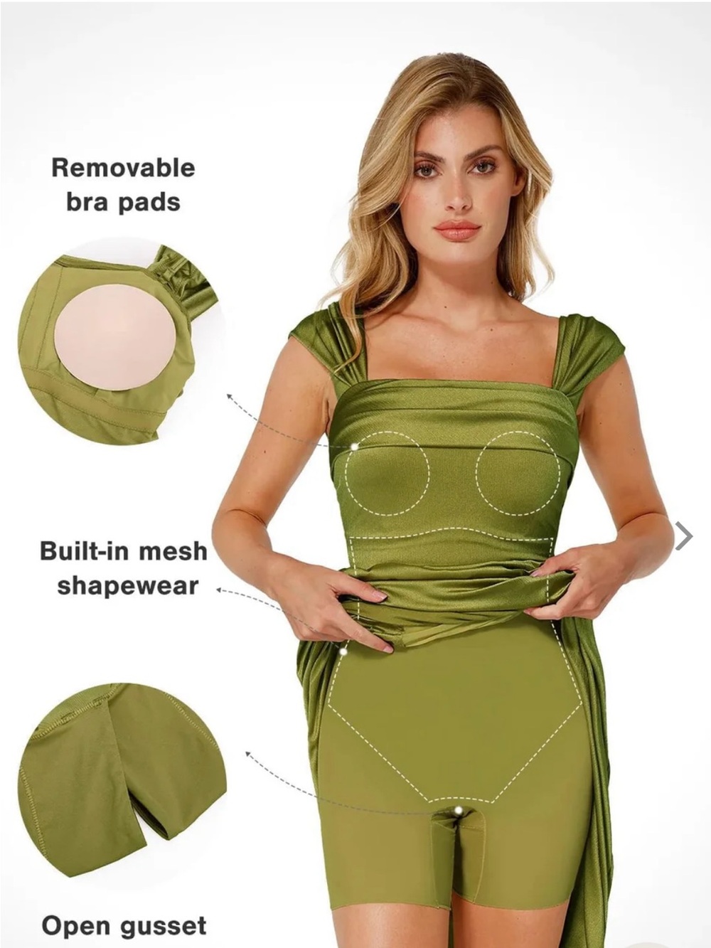 Off-Shoulder Olive Green Satin Evening Dress - Picture 2 of 5
